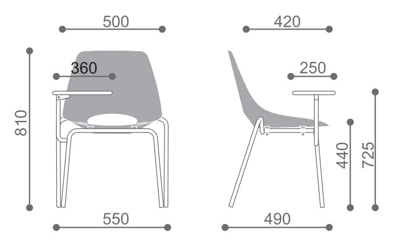 Dimensions de la chaise et de sa tablette en millimètre